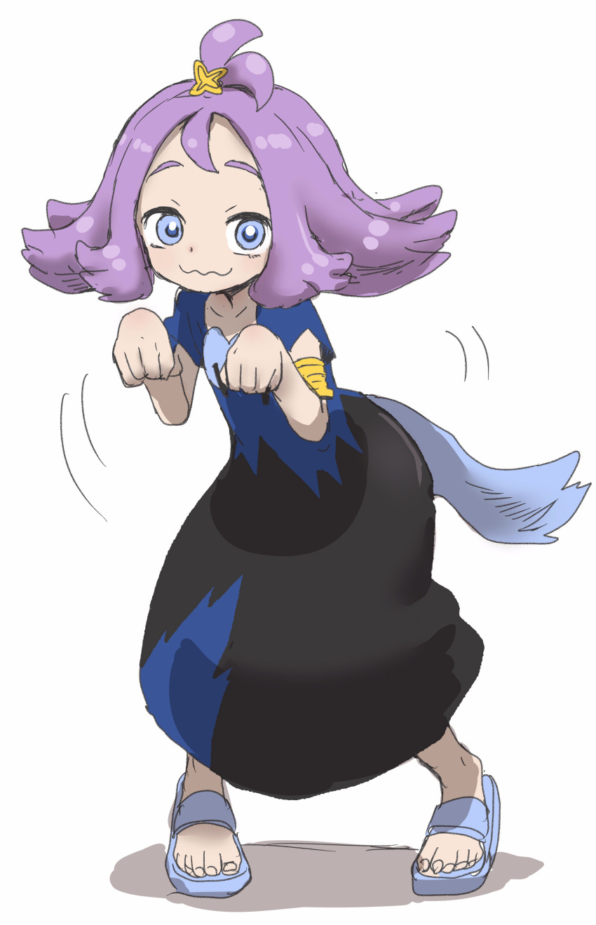 1girl absurdres acerola_(pokemon) armlet bangs blue_eyes bright_pupils collarbone dress elite_four flat_chest full_body hair_ornament half_updo highres looking_at_viewer pokemon pokemon_(game) pokemon_sm purple_hair sandals short_hair simple_background solo stitches wavy_mouth white_background yamamoto_souichirou