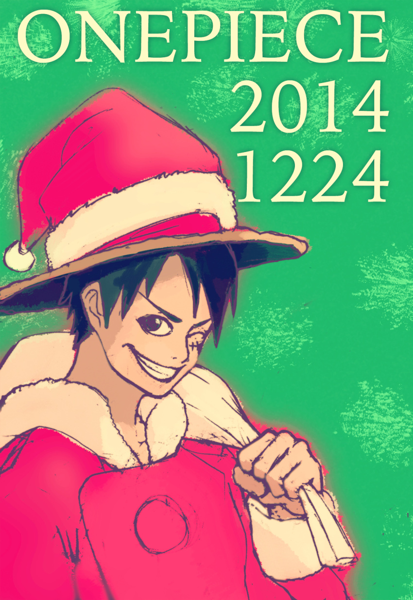10s 1boy 2014 bag christmas hat male_focus monkey_d_luffy one_piece santa_hat smile solo straw_at wink