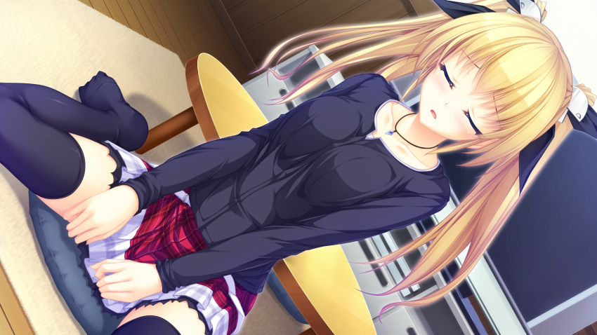 1girl black_bow black_legwear black_shirt blonde_hair bow carpet closed_eyes collarbone female frilled_skirt frills game_cg hair_bow jewelry long_sleeves necklace open_mouth shirt sitting skirt solo table tenmaso thigh-highs tsukioka_izumi twintails usotsuki_ouji_to_nayameru_ohime-sama zettai_ryouiki