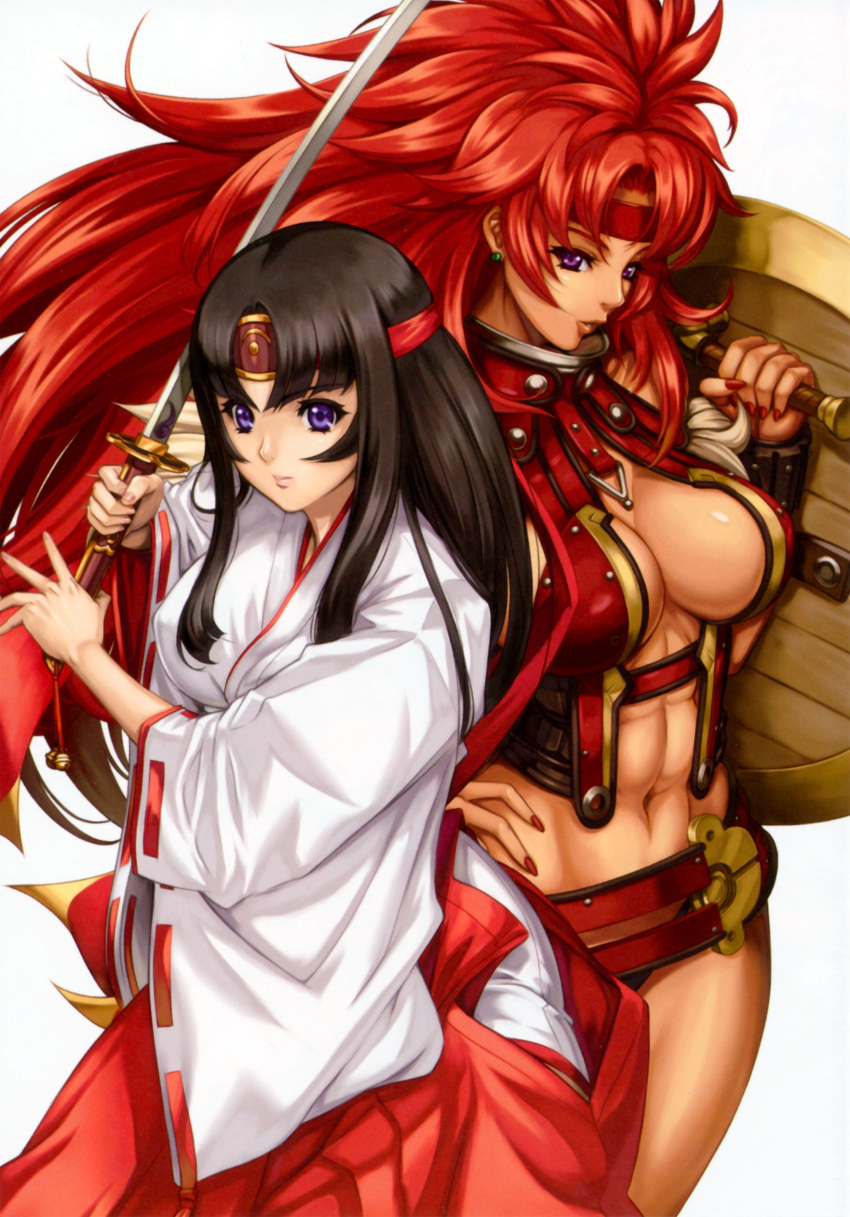 2girls abs black_hair earrings highres japanese_clothes jewelry katana long_hair miko multiple_girls muscle official_art queen's_blade redhead risty shield standing sword tomoe violet_eyes weapon