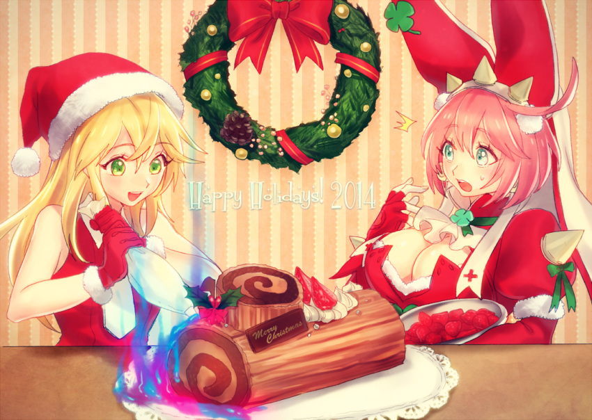 2girls alternate_color aqua_eyes arc_system_works bare_shoulders blazblue blonde_hair blush breasts christmas cleavage clover company_connection elphelt_valentine female food four-leaf_clover fruit gloves green_eyes guilty_gear guilty_gear_xrd hat huge_breasts ingpink long_hair multiple_girls necktie noel_vermillion open_mouth pink_hair puffy_sleeves ribbon santa_costume santa_hat scared short_hair smile spikes strawberry surprised sweatdrop veil wreath