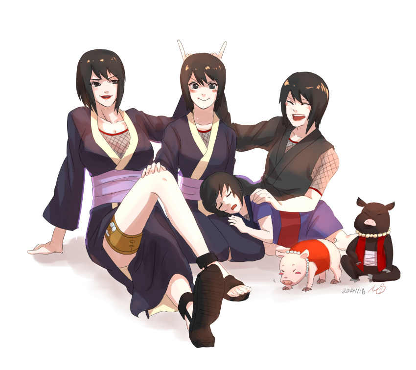 1girl black_hair blush female highres holster legs may_c_(lovemeiko) multiple_persona naruto naruto:_road_to_ninja naruto_shippuuden older shizune_(naruto) sitting smile thigh_holster tonton_(naruto) younger