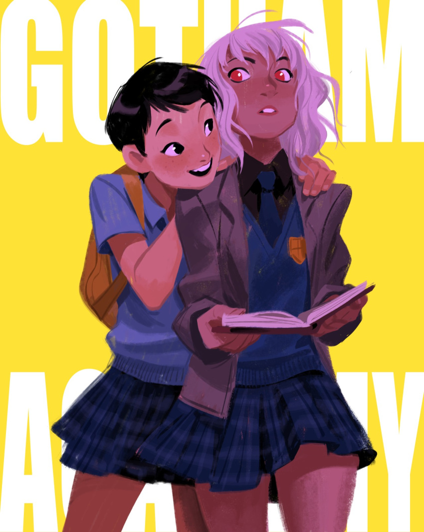 2girls backpack bag batman_(series) black_eyes black_hair blazer book copyright_name dark_skin dc_comics gotham_academy maps_mizoguchi miniskirt multiple_girls necktie olive_silverlock plaid plaid_skirt pleated_skirt reading red_eyes school_uniform shirt short_hair skirt sweater_vest t-shirt white_hair yellow_background