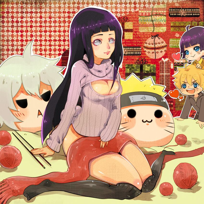 ahoge bed bottomless breasts cleavage cleavage_cutout heart highres hyuuga_hinata knitting naruto naruto:_the_last ootsutsuki_toneri open-chest_sweater scarf sitting socks sweater thigh-highs uzumaki_boruto uzumaki_himawari uzumaki_naruto whiskers yarn