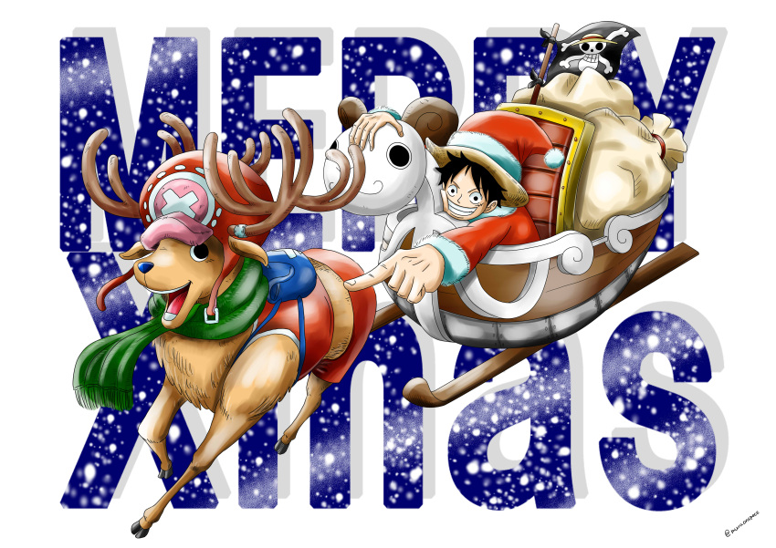 absurdres christmas going_merry hat highres monkey_d_luffy one_piece reindeer santa_hat sleigh snow tony_tony_chopper