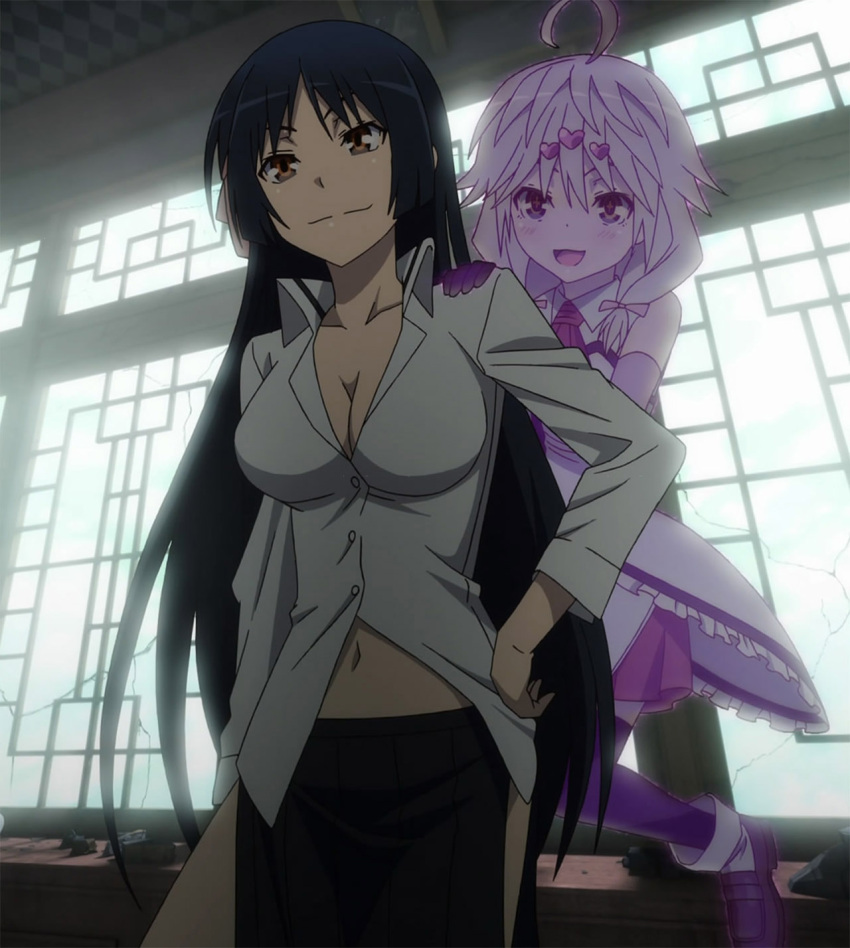 2girls ahoge blue_hair bow breasts brown_eyes cleavage fudou_akio_(trinity_seven) hair_bow hair_ornament hairclip hand_on_hip heart_hair_ornament indoors kurata_yui large_breasts long_skirt multiple_girls navel open_clothes open_shirt screencap shirt silver_hair skirt smile symbol-shaped_pupils thighs trinity_seven window
