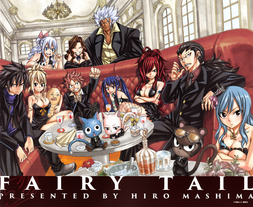 breasts cana_alberona charle_(fairy_tail) cleavage cup dress elfman_strauss erza_scarlet everyone fairy_tail formal gajeel_redfox gray_fullbuster happy_(fairy_tail) ice juvia_loxar large_breasts lucy_heartfilia mashima_hiro mirajane_strauss natsu_dragneel necktie official_art pantherlily sleeveless sleeveless_dress suit sunglasses table tattoo wendy_marvell wine_glass
