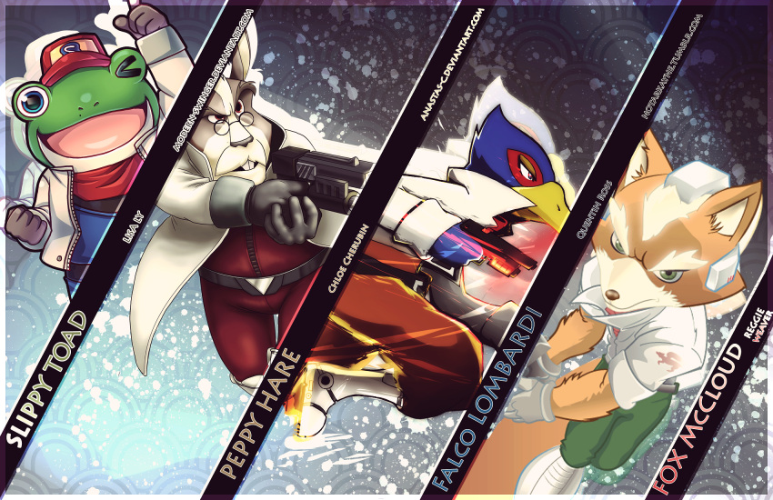 arkayne artist_name bird chloe_cherubin creature falco_lombardi falcon fox fox_mccloud furry highres lisa_ly looking_at_viewer modern-swinger nintendo no_humans peppy_hare pince-nez quentin_ross rabbit reggie_weaver slippy_toad smile star_fox toad_(animal) video_game wink