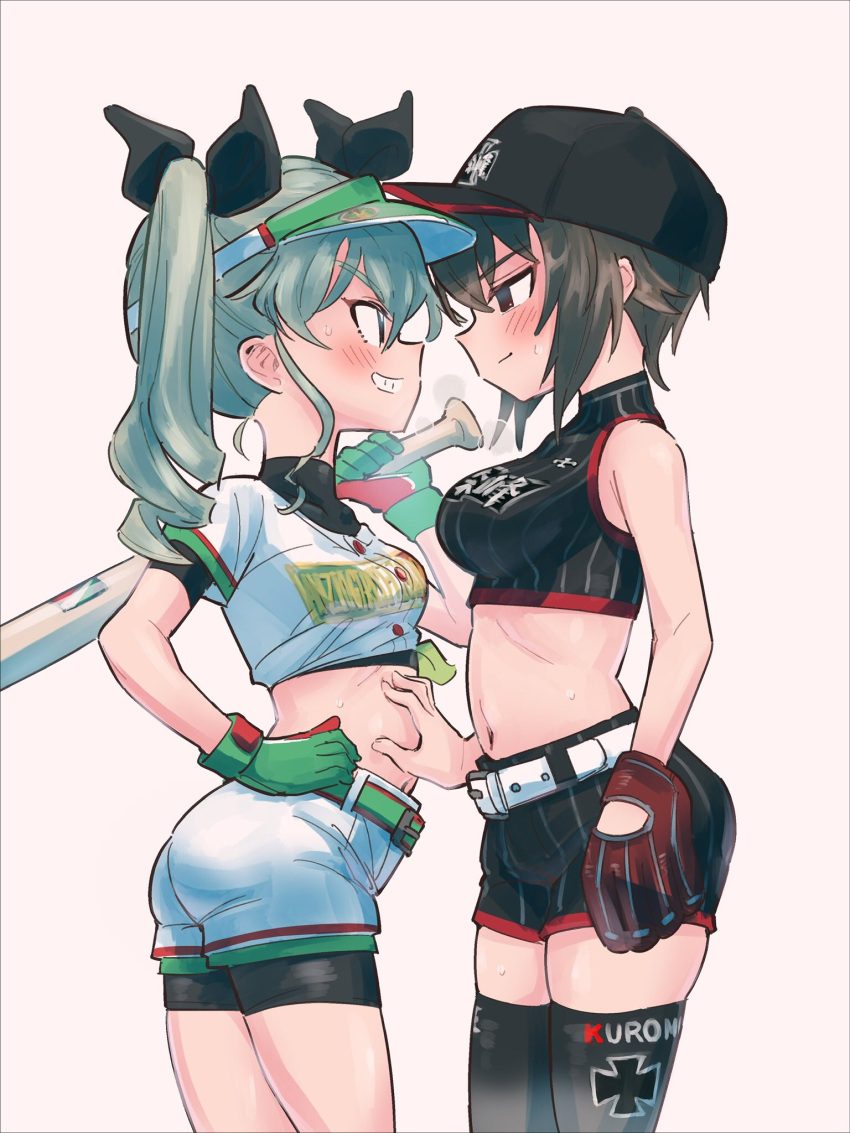 2girls anchovy_(girls_und_panzer) bangs baseball_bat baseball_cap baseball_mitt baseball_uniform bike_shorts bike_shorts_under_shorts black_headwear black_ribbon black_shirt black_shorts blush breath brown_eyes brown_hair closed_eyes clothes_writing commentary_request crop_top cross drill_hair eisu_(eith) emblem from_side girls_und_panzer girls_und_panzer_senshadou_daisakusen! gloves green_belt green_gloves green_hair grey_background grimace hair_ribbon half-closed_eyes hand_on_another's_stomach hand_on_hip hat heart highres holding holding_baseball_bat iron_cross kuromorimine_(emblem) long_hair looking_at_another midriff multiple_girls navel nishizumi_maho over_shoulder partial_commentary print_headwear print_shirt revealing_clothes ribbon romaji_text shirt short_hair short_sleeves shorts simple_background skindentation sleeveless sleeveless_shirt smile sportswear standing sweat thigh-highs translated twin_drills twintails visor_cap white_headwear white_shirt white_shorts yuri