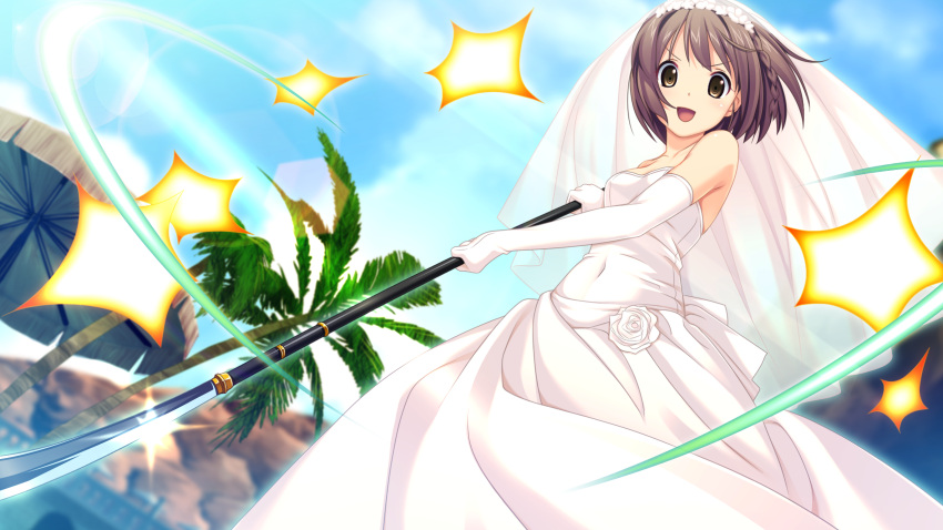 1girl brown_eyes brown_hair dress elbow_gloves game_cg gloves highres kitami_minamo koutaro open_mouth short_hair tropical_kiss tropical_vacation twinkle_(company) wedding_dress