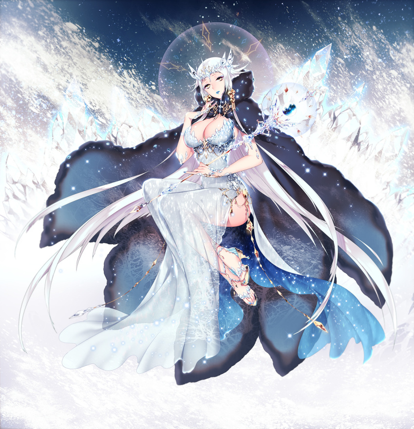 1girl breasts cleavage cloak crown crystal dress female ice jewelry large_breasts lipstick long_hair makeup mirunai nail_polish queen sandals scepter snow staff thighs white white_hair winter yellow_eyes
