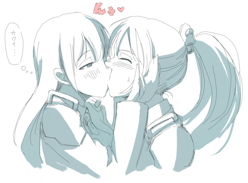 2girls blush hetza_(hellshock) kantai_collection kiss kumano_(kantai_collection) licking long_hair monochrome multiple_girls ponytail smile suzuya_(kantai_collection) translation_request yuri