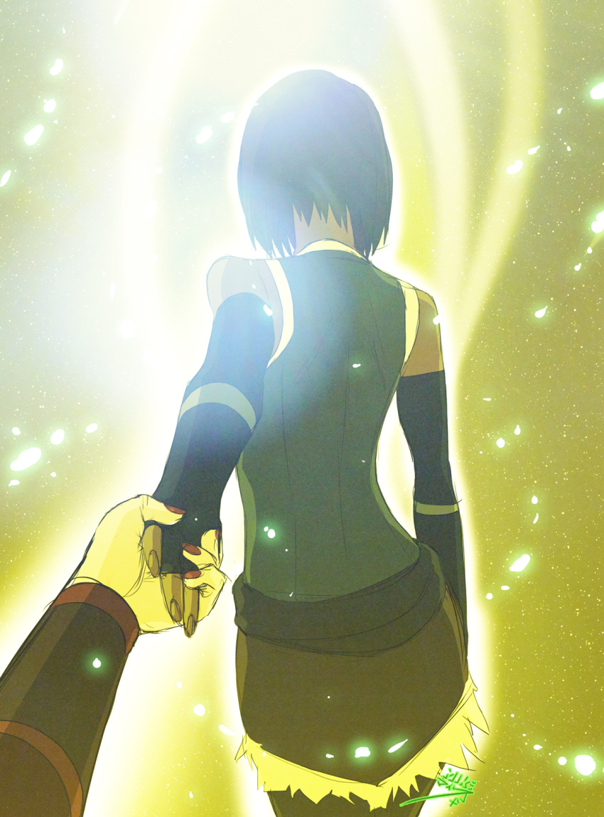 2girls asami_sato avatar:_the_last_airbender back dark_skin elbow_gloves female_pov gloves glowing hand_holding korra mike_nesbitt multiple_girls pelt pov short_hair the_legend_of_korra