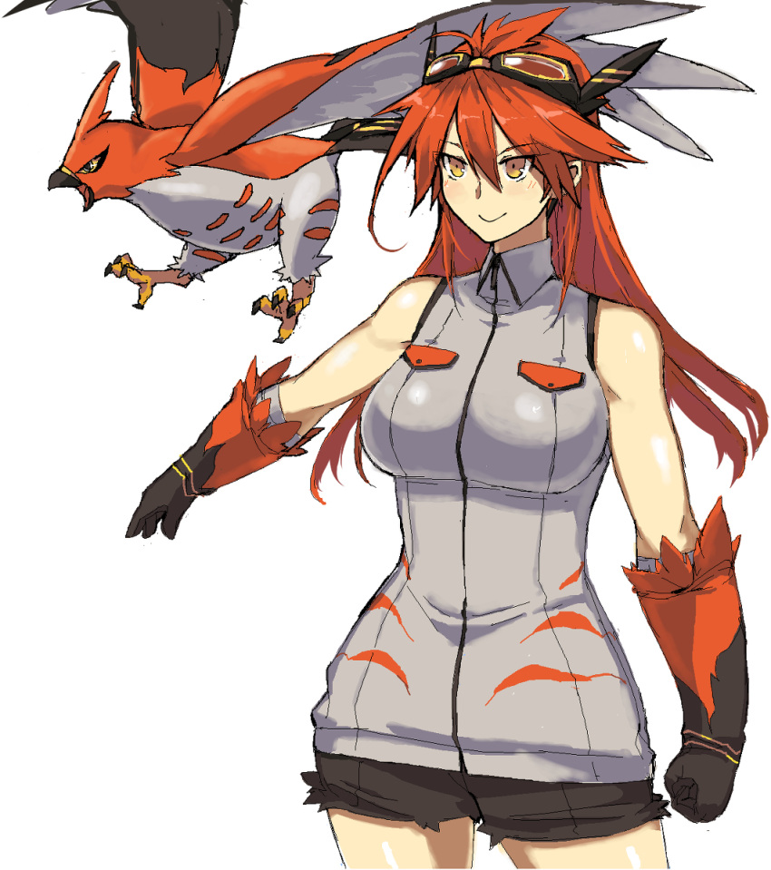 1girl breasts large_breasts personification pokemon redhead smile solo talonflame yellow_eyes