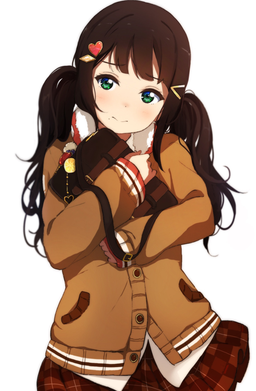 1girl alternate_hairstyle bag bag_charm bangs black_hair brown_cardigan brown_skirt charm_(object) clenched_hands earmuffs earmuffs_around_neck green_eyes hair_ornament hairclip heart heart_hair_ornament highres icehotmilktea kurosawa_dia long_hair love_live! love_live!_school_idol_festival love_live!_sunshine!! miniskirt mole mole_under_mouth nervous_smile object_hug pleated_skirt school_bag school_uniform simple_background skirt sleeves_past_wrists solo twintails white_background