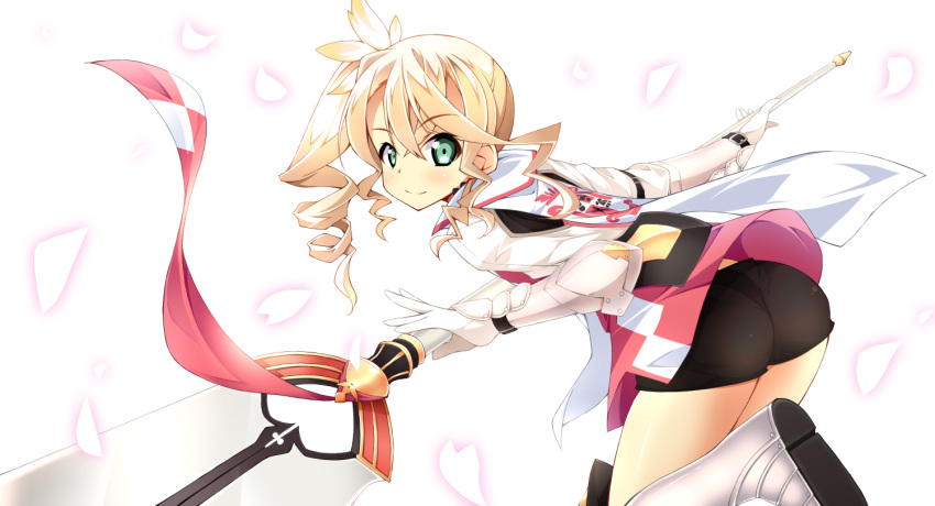 1girl alisha_diphda armor ass blonde_hair boots drill_hair female from_behind gauntlets green_eyes kanzaki_sora long_hair looking_at_viewer looking_back petals polearm princess shorts side_ponytail smile solo spear tales_of_(series) tales_of_zestiria weapon