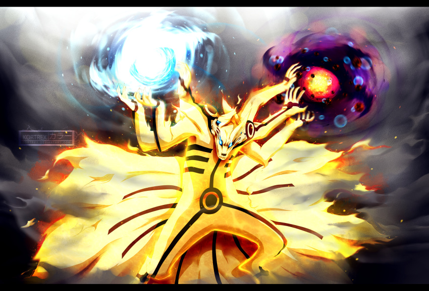 alternate_form battle_aura colored fangs fox glowing glowing_eyes highres kortrex kurama_(naruto) markings monster multiple_arms multiple_heads multiple_tails naruto rasengan smoke spoilers tail uzumaki_naruto watermark