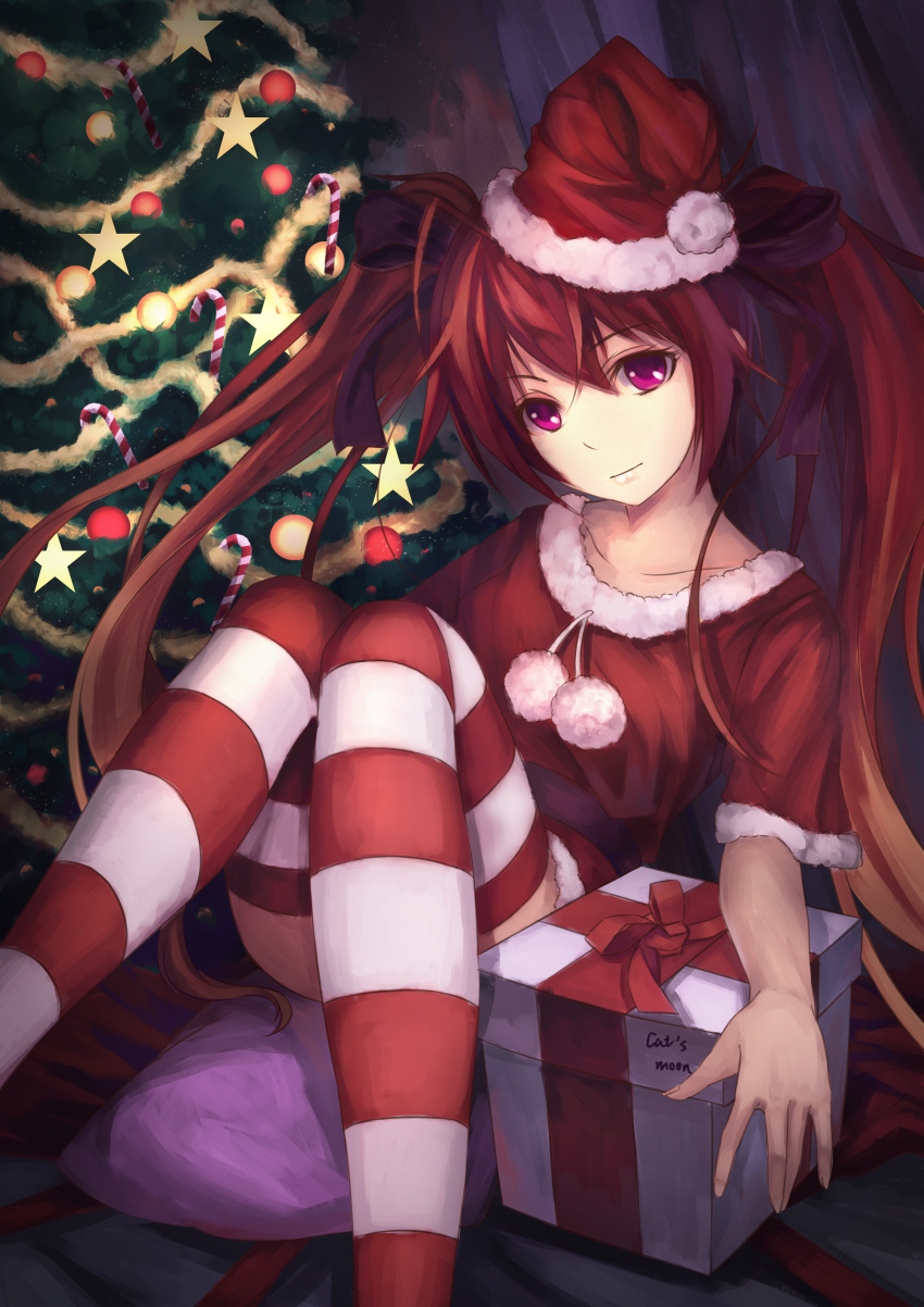 1girl artist_name box christmas_tree gift gift_box gradient_hair hat highres mitsuka_souji multicolored_hair ore_twintail_ni_narimasu red_eyes red_legwear redhead santa_hat sitting striped striped_legwear tailred thigh-highs tied_hair twintails youxuemingdie