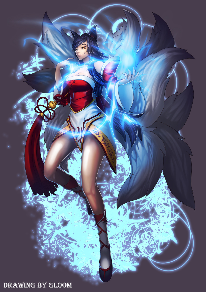 1girl absurdres ahri animal_ears artist_request bell black_hair breasts brown_eyes female full_body gloomines_(artitst) highres league_of_legends legs long_hair magic multiple_tails solo tail