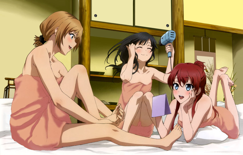 3girls absurdres ajiki_kei barefoot feet hands_on_feet highres miyamori_aoi multiple_girls sakaki_shizuka shirobako toes towel yasuhara_ema