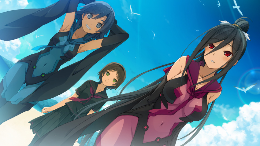 3girls akinashi_yuu ao_no_kanata_no_four_rhythm armpits arms_up black_hair blue_eyes blue_hair blush breasts clenched_teeth clouds game_cg green_eyes large_breasts legs long_hair looking_at_viewer looking_back multiple_girls ponytail red_eyes school_uniform short_hair skirt sky small_breasts smile sprite_(company) standing teeth thighs