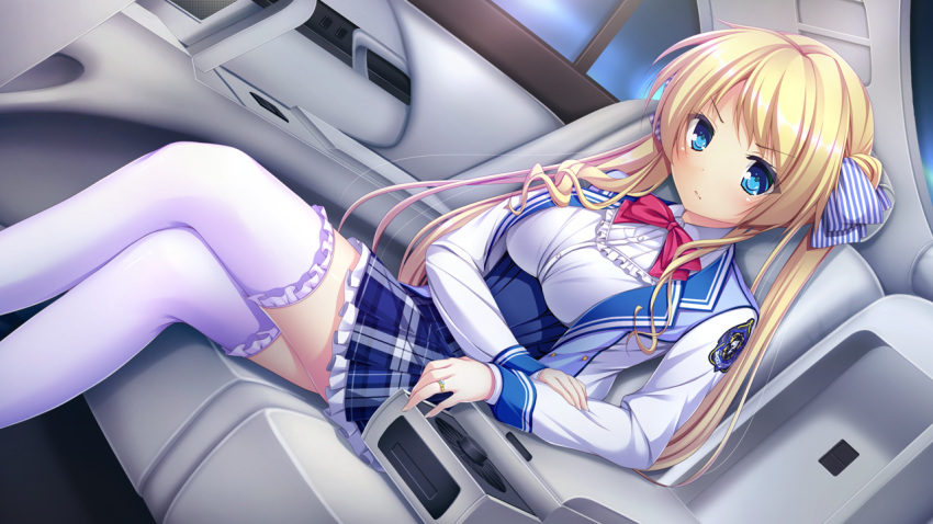 1girl blonde_hair blue_eyes bow breasts closed_mouth frill frilled_legwear frilled_skirt frills game_cg giga harvest_overray indoors jewelry long_hair long_sleeves looking_at_viewer mikami_lilia nironiro pink_bow ring school_uniform sitting skirt solo straight_hair thigh-highs white_legwear zettai_ryouiki