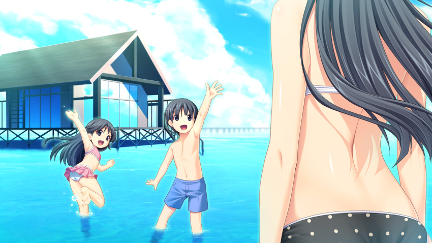 1boy 2girls barefoot black_eyes black_hair character_request fukami_nagisa game_cg highres koutaro long_hair multiple_girls open_mouth swimsuit tropical_kiss tropical_vacation twinkle_(company) water