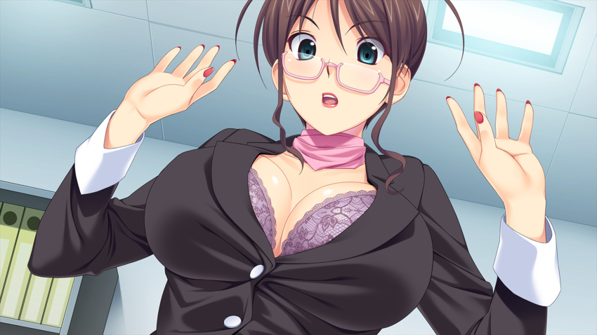 1girl blue_eyes blush bra breasts brown_hair cleavage game_cg glasses highres koutaro mukou_ao nail_polish open_clothes open_mouth open_shirt shirt tropical_vacation twinkle_soft underwear