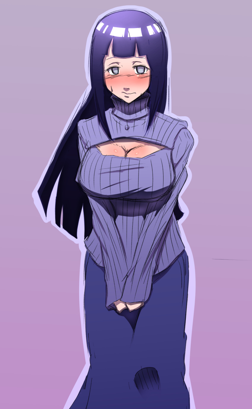 1girl blush breasts cleavage cleavage_cutout female gradient gradient_background hyuuga_hinata large_breasts long_hair looking_at_viewer naruto open-chest_sweater purple purple_background purple_hair ribbed_sweater ryu_miyako shiny shiny_hair skirt solo sweatdrop sweater turtleneck