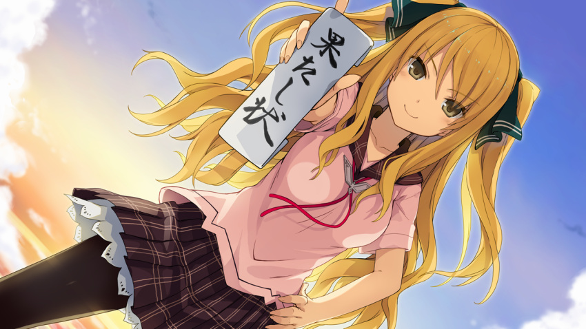 1girl akinashi_yuu ao_no_kanata_no_four_rhythm blonde_hair blush breasts clouds game_cg hand_on_hip large_breasts legs long_hair looking_at_viewer ocean pantyhose satouin_reiko school_uniform skirt sky smile solo sprite_(company) thighs twintails water yellow_eyes