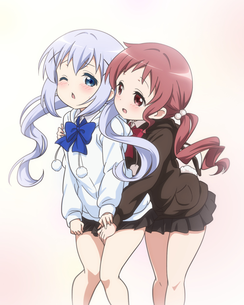 2girls :d ;o animal_ears animal_hood bangs black_hoodie black_skirt blue_eyes blue_neckwear bow bowtie bunny_hood bunny_tail collared_shirt commentary_request eyebrows_visible_through_hair fake_animal_ears fake_tail flat_chest gochuumon_wa_usagi_desu_ka? gradient gradient_background hair_ornament hair_scrunchie hairclip hand_on_another's_thigh highres hood kafuu_chino legs_together light_blue_hair long_sleeves looking_at_another miniskirt multiple_girls natsu_megumi one_eye_closed open_mouth pink_shirt pleated_skirt pocket pom_pom_(clothes) rabbit_ears red_eyes red_neckwear redhead scrunchie shirt sidelocks skirt skirt_tug smile standing suisei_aaru tail twintails two-tone_background wavy_hair white_hoodie white_scrunchie white_shirt wing_collar x_hair_ornament yuri