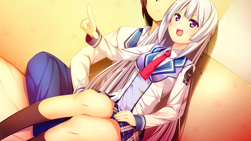 1girl bed breasts game_cg harvest_overray legs long_hair looking_away nironiro open_mouth pointing school_uniform sitting skirt small_breasts socks thighs usume_shirou violet_eyes white_hair