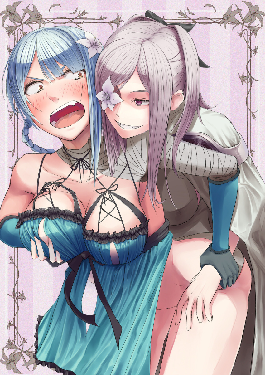 2girls bandage bangs belt blunt_bangs blush bottomless bow braid breasts cleavage detached_sleeves drag-on_dragoon drag-on_dragoon_3 elbow_gloves embarrassed flower flower_eyepatch frills gloves grey_eyes grin groping hair_bow hair_flower hair_ornament highres kaine_(nier) large_breasts lingerie long_hair mob3 multiple_girls negligee nier red_eyes silver_hair simple_background smile square_enix thigh-highs troll_face underwear white_hair yuri zero_(drag-on_dragoon)