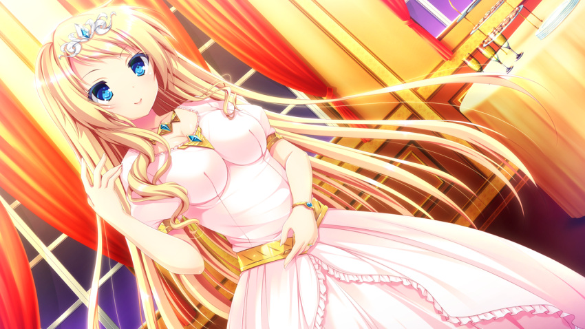 1girl blonde_hair blue_eyes blush breasts cleavage curtains dress game_cg harvest_overray jewelry large_breasts long_hair looking_away mikami_lilia nironiro smile solo standing table twintails usume_shirou window