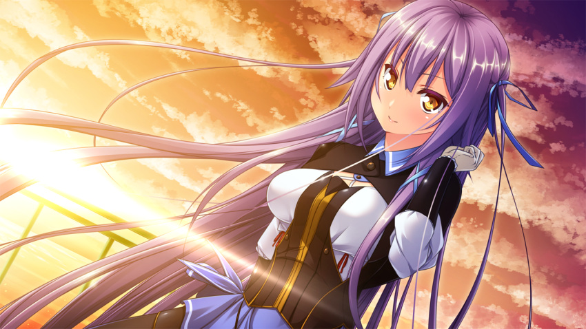 1girl breasts clouds evening game_cg gloves hair_ribbon harvest_overray long_hair looking_at_viewer nironiro ocean purple_hair ribbon sky smile solo standing sunlight usume_shirou water yellow_eyes
