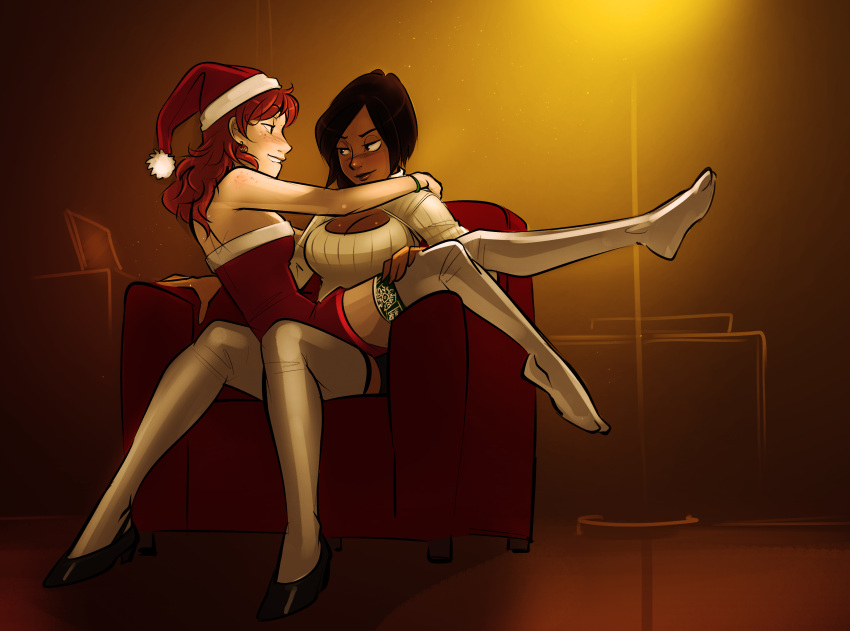 2girls absurdres bedroom_eyes biting bracelet breasts brown_hair chair cleavage cleavage_cutout dark_skin earrings freckles green_eyes hand_on_leg hat heather_(krekka) highres jewelry lip_biting michelle_(krekka) multiple_girls open-chest_sweater original psuede redhead santa_hat sitting sitting_on_lap sitting_on_person smile sweater thigh-highs violet_eyes white_legwear yuri