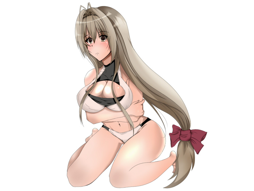 1girl ahoge amagi_brilliant_park artist_request bikini blush bow breasts brown_eyes brown_hair cleavage hair_bow large_breasts long_hair navel sento_isuzu simple_background sitting solo swimsuit very_long_hair wariza white_background