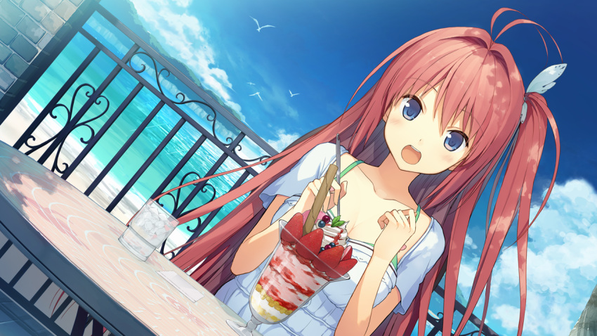 1girl akinashi_yuu ao_no_kanata_no_four_rhythm blue_eyes blush breasts clouds collarbone cup food fruit game_cg happy ice ice_cream kurashina_asuka large_breasts long_hair looking_at_viewer ocean open_mouth redhead side_ponytail sitting sky smile solo spoon sprite_(company) strawberry sundae table water