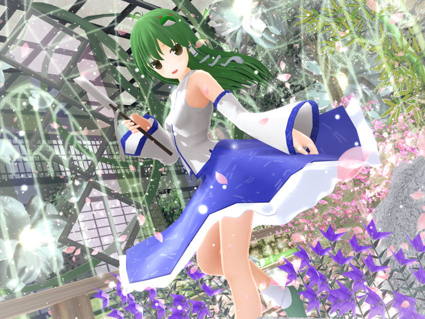 1girl 3d detached_sleeves dutch_angle flower frog_hair_ornament garden green_eyes green_hair greenhouse hair_ornament hair_tubes highres indoors kochiya_sanae kurogoma_(glassesgurasan) light light_particles long_hair looking_at_viewer mikumikudance plant smile snake snake_hair_ornament solo spinning standing standing_on_one_leg touhou