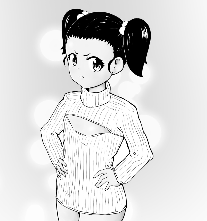 1girl female flat_chest gradient gradient_background monochrome open-chest_sweater otakin04 p-tan solo sweater twintails