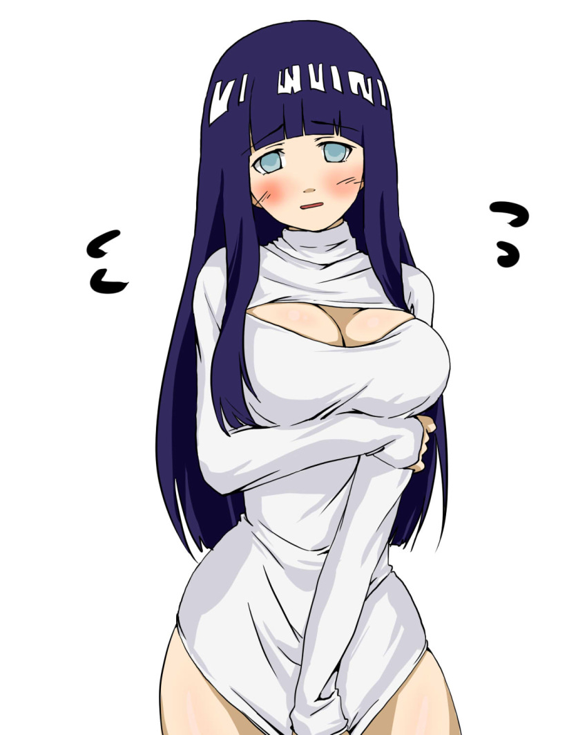 1girl blush breasts cleavage cleavage_cutout embarrassed hime_cut hyuuga_hinata iwaserie lavender_eyes naruto open-chest_sweater purple_hair shirt_pull sweater turtleneck