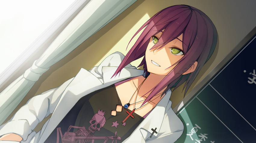 1girl akinashi_yuu ao_no_kanata_no_four_rhythm breasts collarbone cross cross_necklace curtains game_cg kagami_aoi labcoat large_breasts looking_away purple_hair short_hair sitting smile solo sprite_(company) sunlight window yellow_eyes