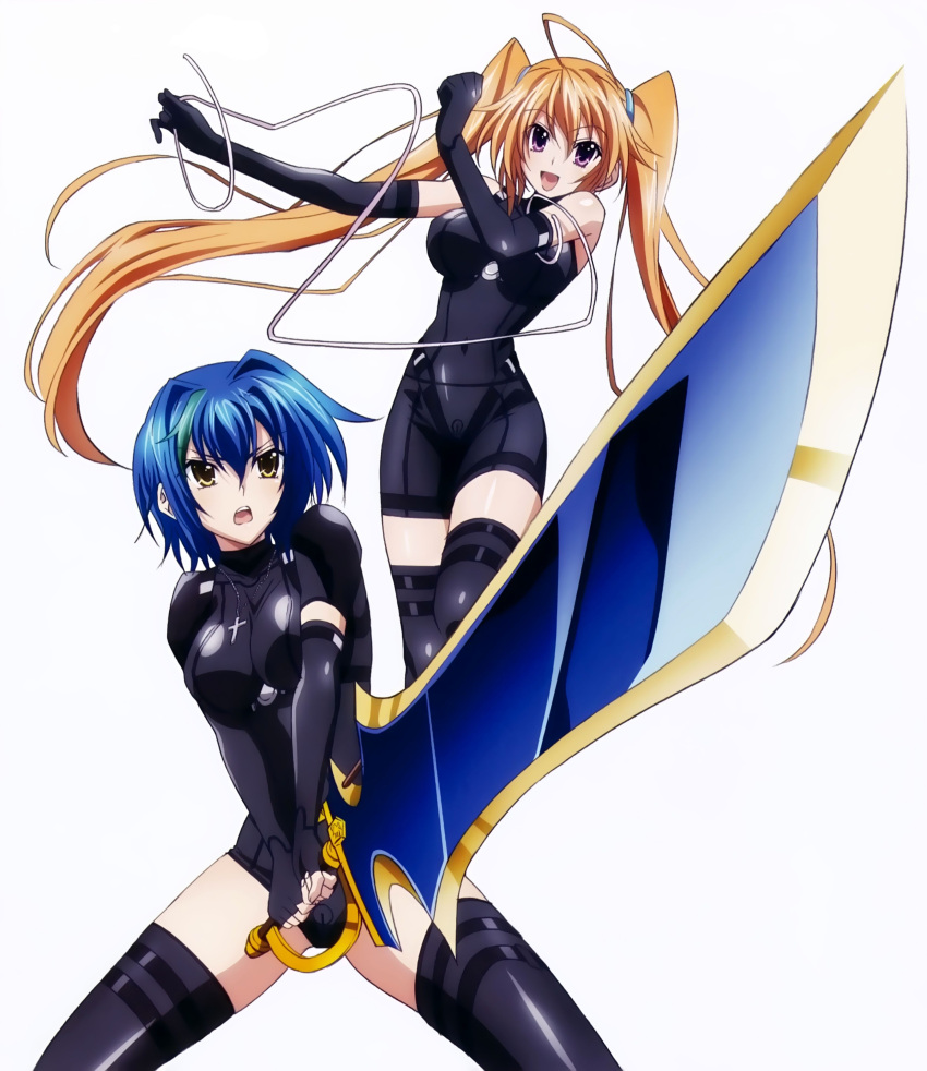 2girls absurdres blue_hair breasts formal high_school_dxd highres large_breasts long_hair looking_at_viewer multiple_girls official_art shidou_irina smile standing suit sword thigh-highs twintails violet_eyes weapon white_background xenovia_(high_school_dxd) yellow_eyes