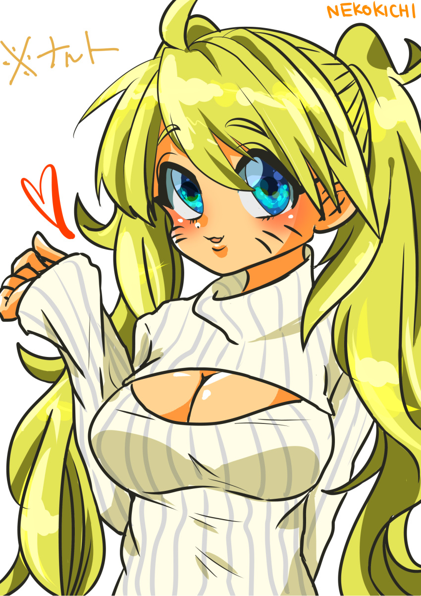 1girl blonde_hair blue_eyes breasts cleavage genderswap long_hair looking_at_viewer naruko naruto open-chest_sweater solo sweater twintails uzumaki_naruto very_long_hair