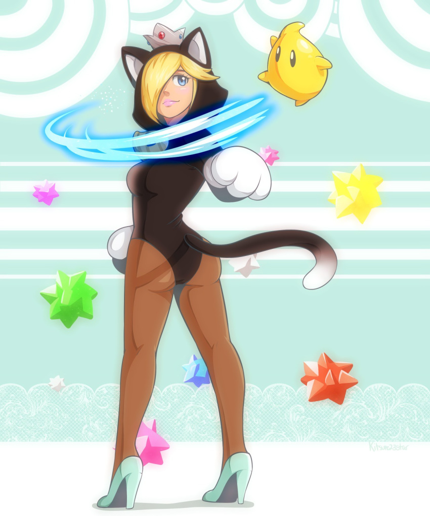 1girl ass blonde_hair blue_eyes cat_ears catsuit chiko_(mario) crown female full_body hair_over_one_eye high_heels kitsune23star nintendo pantyhose rosetta_(mario) star_bits super_mario_3d_world super_mario_bros. super_mario_galaxy tail