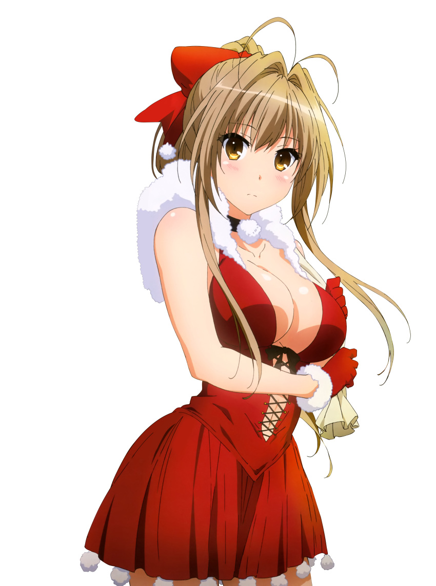 1girl absurdres amagi_brilliant_park bare_shoulders blush breasts brown_eyes brown_hair christmas cleavage hair_ribbon highres large_breasts long_hair looking_at_viewer ponytail ribbon sento_isuzu simple_background source_request standing white_background yellow_eyes