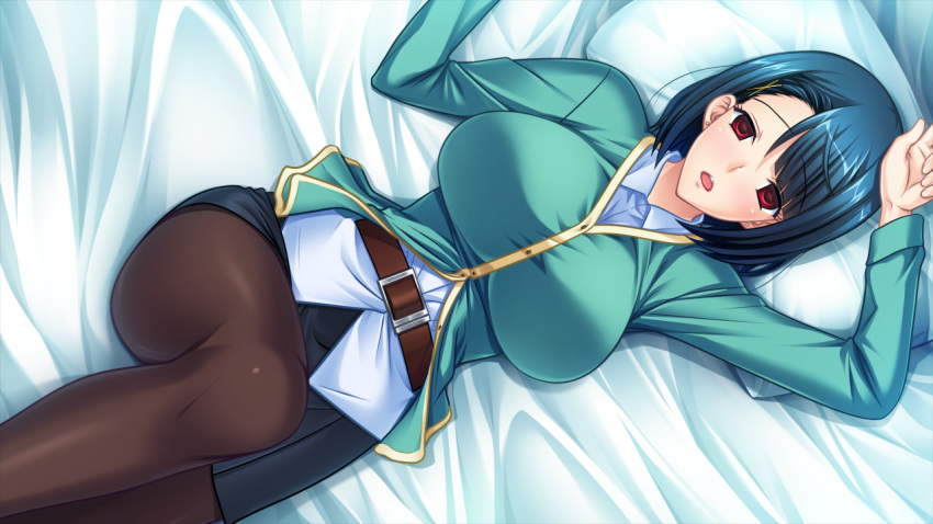 1girl arms_up bed belt blue_hair blush breasts earrings game_cg huge_breasts hypnosis jewelry legs lying mind_control open_mouth pantyhose pillow red_eyes saiminbo short_hair skirt solo sumeragi_yuusuke thighs