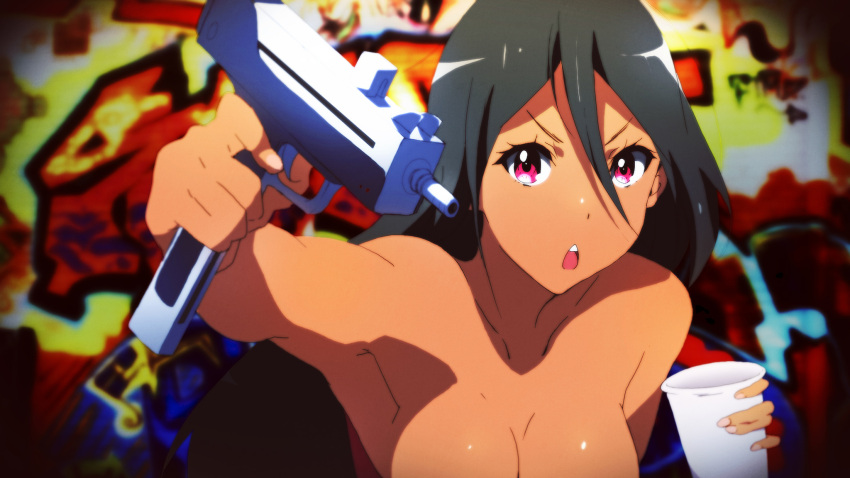 1girl artist_request black_hair breasts character_request cleavage copyright_request female graffiti gun imi_uzi looking_at_viewer solo submachine_gun tagme weapon