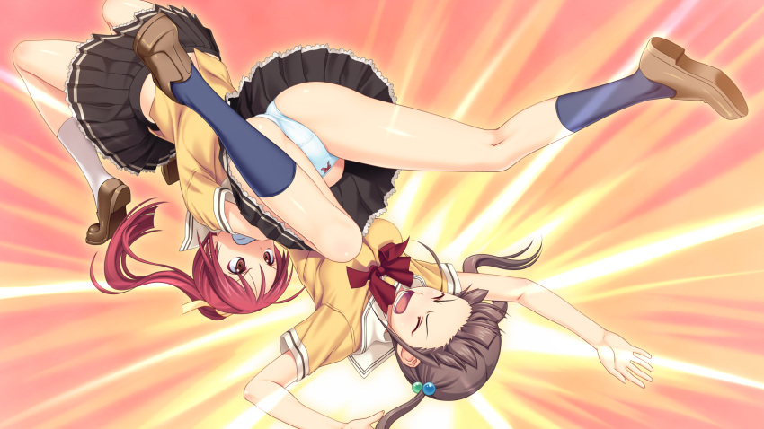 2girls brown_eyes brown_hair closed_eyes game_cg german_suplex highres koigakubo_chihaya koutaro long_hair multiple_girls open_mouth ponytail redhead short_hair suplex suzukaze_hotaru tropical_kiss tropical_vacation twinkle_(company)