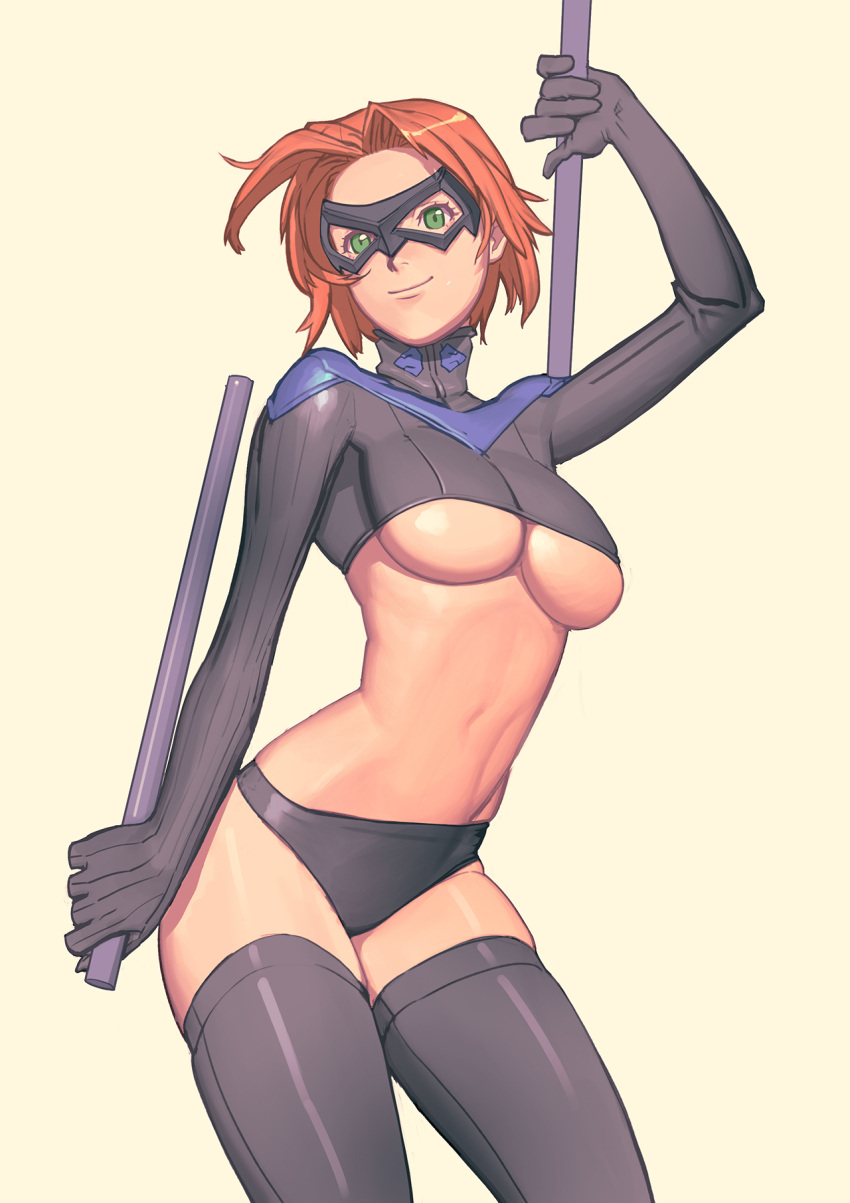 1girl batman_(series) breasts cosplay crop_top dc_comics domino_mask escrima_stick female green_eyes highres large_breasts looking_at_viewer mask midriff nightwing nightwing_(cosplay) orange_hair panties polearm sivacat skin_tight smile solo stick superhero thigh-highs under_boob underwear weapon
